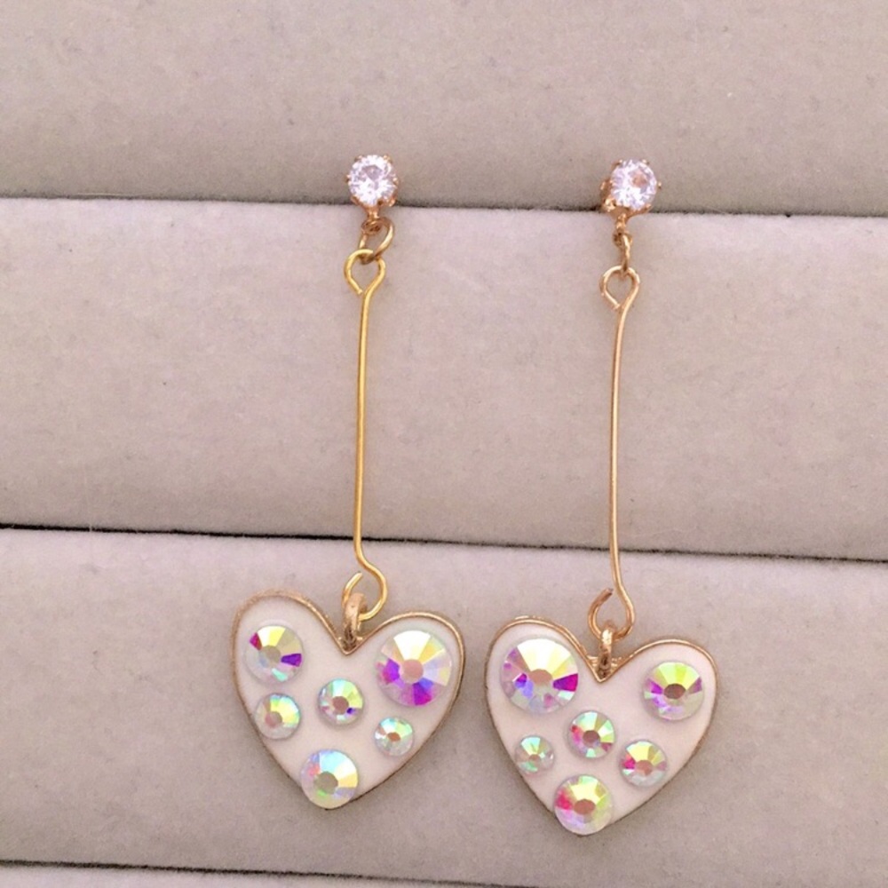 Cubic Zirconia + Aurora Borealis Crystal Gold Heart💗Drop Statement Earrings - Picture 4 of 5
